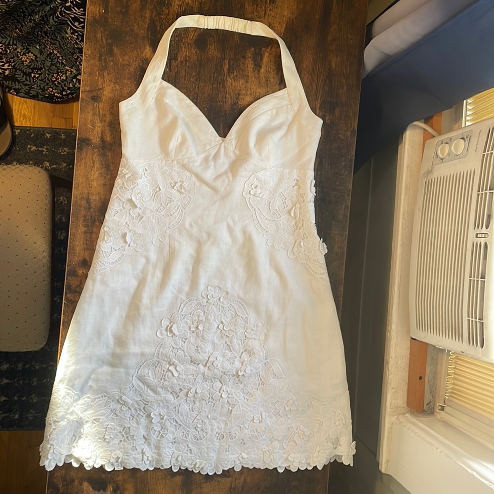 Flower Appliqué Linen Halter Dress